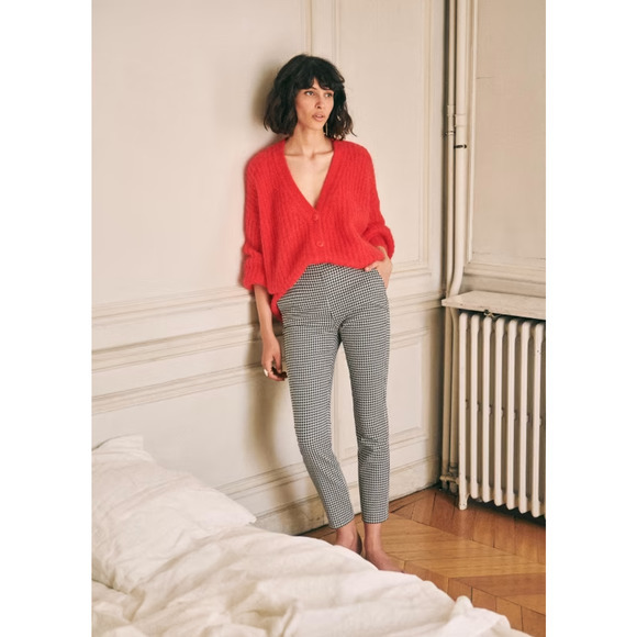 Sezane Women's Clara Trouser pants in Houndtooth Ecru Black Size 34 24w - Picture 2 of 12